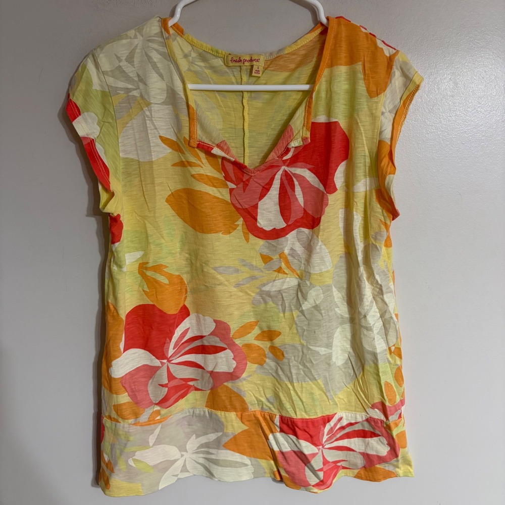 Fresh Produce Womens Floral Split Neck Cap Sleeve Slub Knit Top Yellow Small